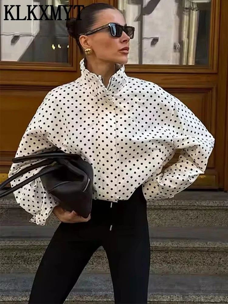 Polka Dot Print Short Coats Women's High Street Long Sleeve Jackets for Women 2026 Elegant Office Ladies Casual Outerwear