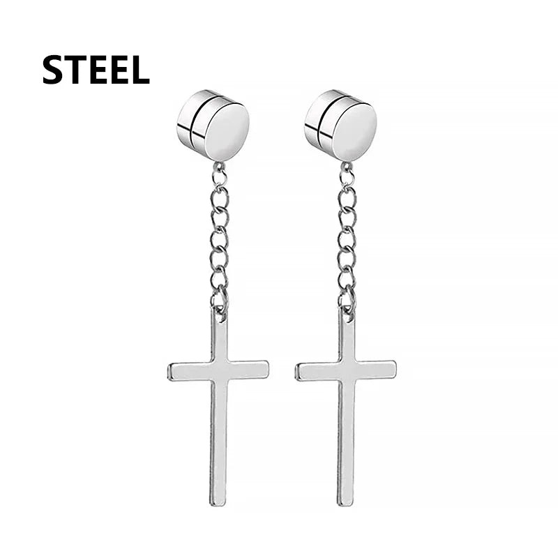 Punk Cross Stars Clip On Earrings | No Piercing Stainless Steel Ear Cuffs for Women Men
