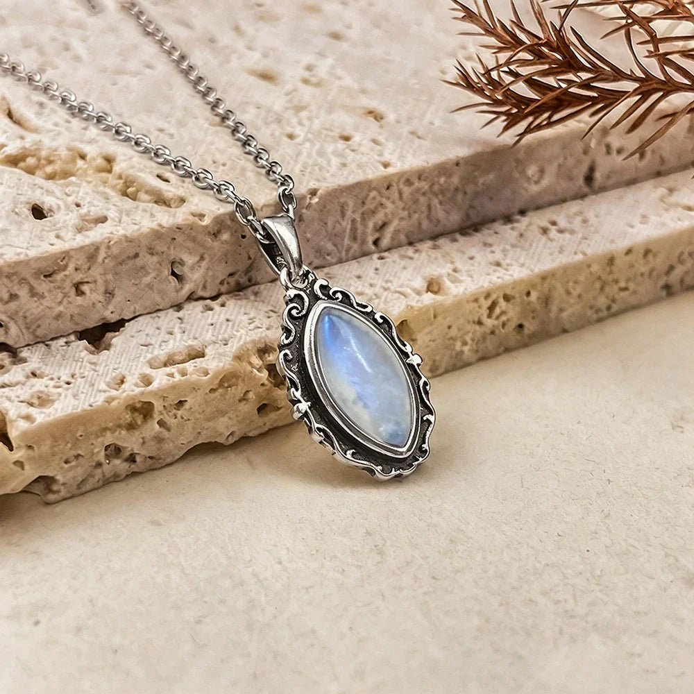 Vintage 925 Sterling Silver Necklaces with Natural Moonstone 12*6MM Simple Pendant Necklaces Party Fine Jewelry For Women Men
