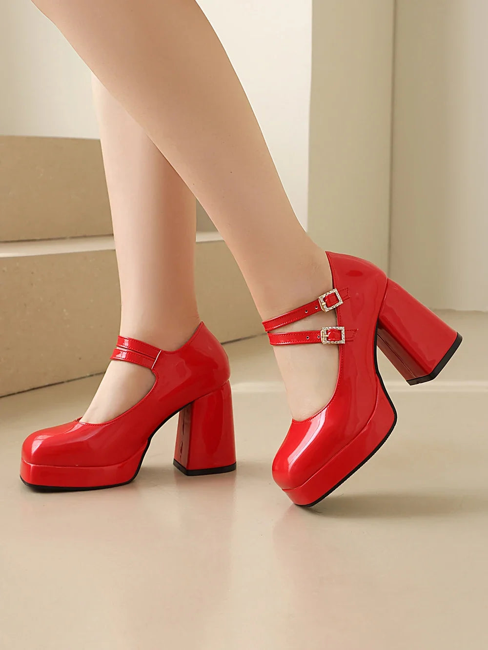 Women Silver Metallic Platform Mary Jane Shoes Double Rhinestone Buckle Chunky Block High Heels Y2K Vintage Square Toe Pumps