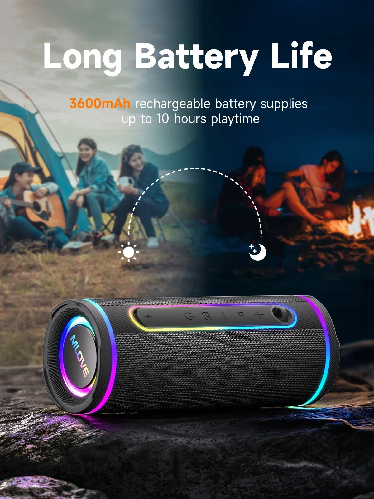MLOVE E80 Portable Bluetooth Speaker – Powerful Dual Sound, Colorful RGB Lighting, Fully Waterproof (IPX7), TWS Enabled