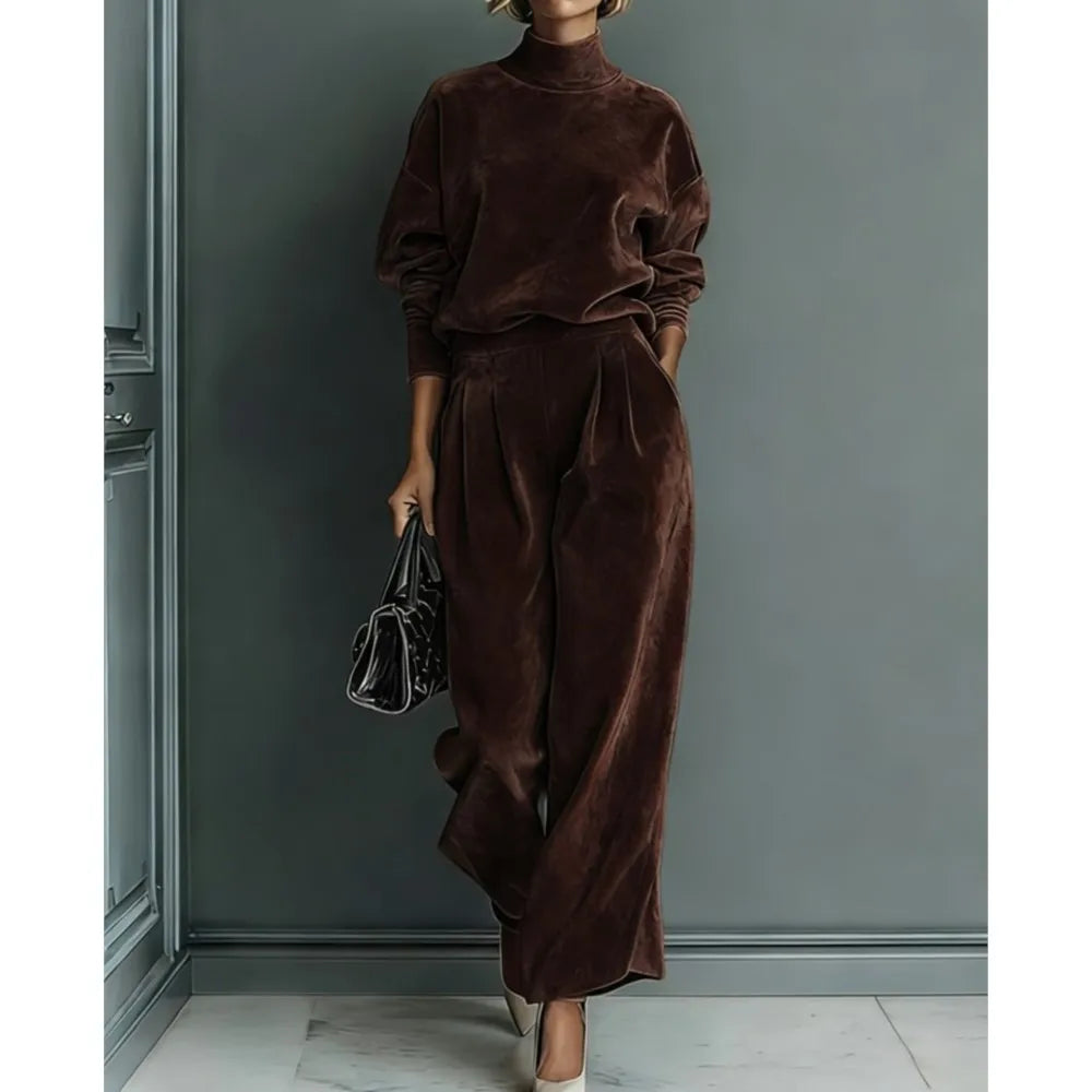 Autumn Winter Fashion High Collar Gold Velvet Long Sleeve Women's Suit Casual Sports Wide Leg Trousers Female Office 2 Piece Set