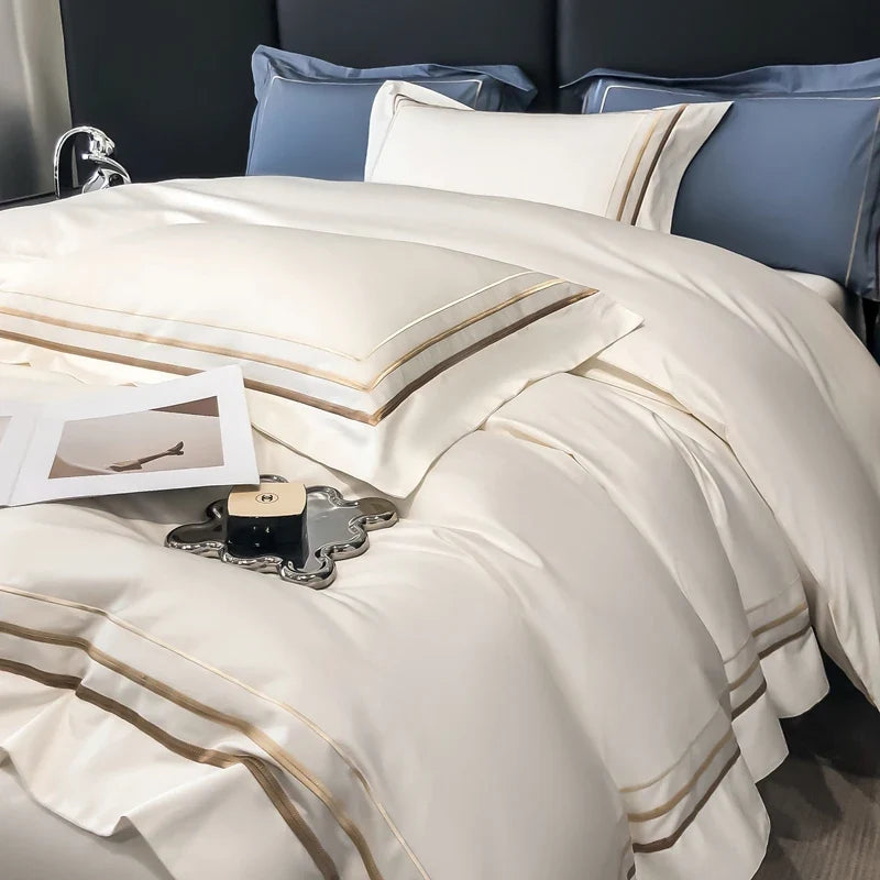 Hotel Style Bedding Set Luxury Golden Embroidery Duvet Cover Grey Egyptian Cotton Bed Sheets Pillowcases Solid Color Bedclothes