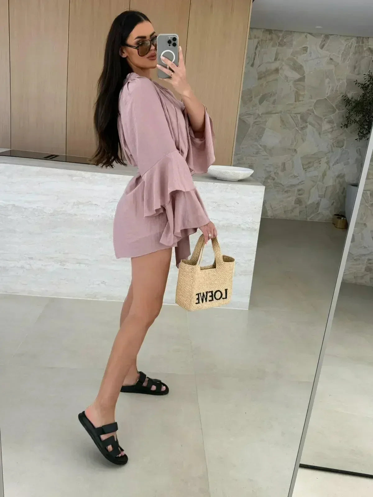 Elegant Fold Dress Women Brown Deep V-neck Long Sleeve Mini Dresses Female 2025 Spring Summer Fashion Loose Lady Vestidos