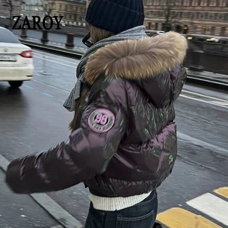 Russian Winter Warm Faux Fur Hooded Quilted Puffer Jacket Women Y2K Retro Padded Short Coat Casual Parka Glossy Outerwear куртка