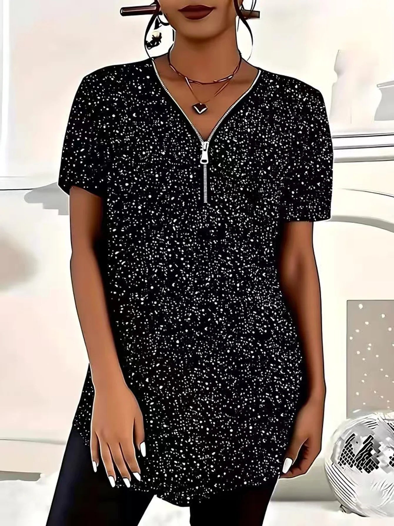 plus size women's summer new short sleeved casual polka dot top V-neck zipper curved hem T-shirt daily essential
