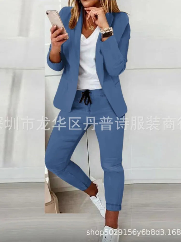 2 Piece Women's Autumn Winter Suit Fashion Slim Fit Lace-up Small Feet Trousers Women's Office Casual Solid Color Suit 2024
