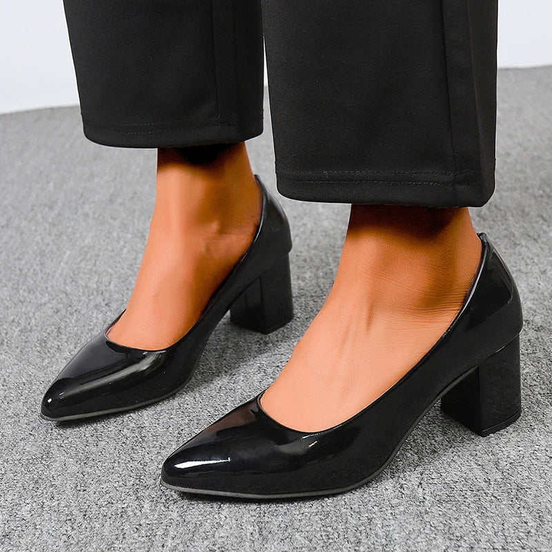 Plus Size 42 Pointed Toe Thick Heels Pumps Women Slip On Pu Leather High Heels Shoes Woman High Heeled Office Party Shoes Ladies