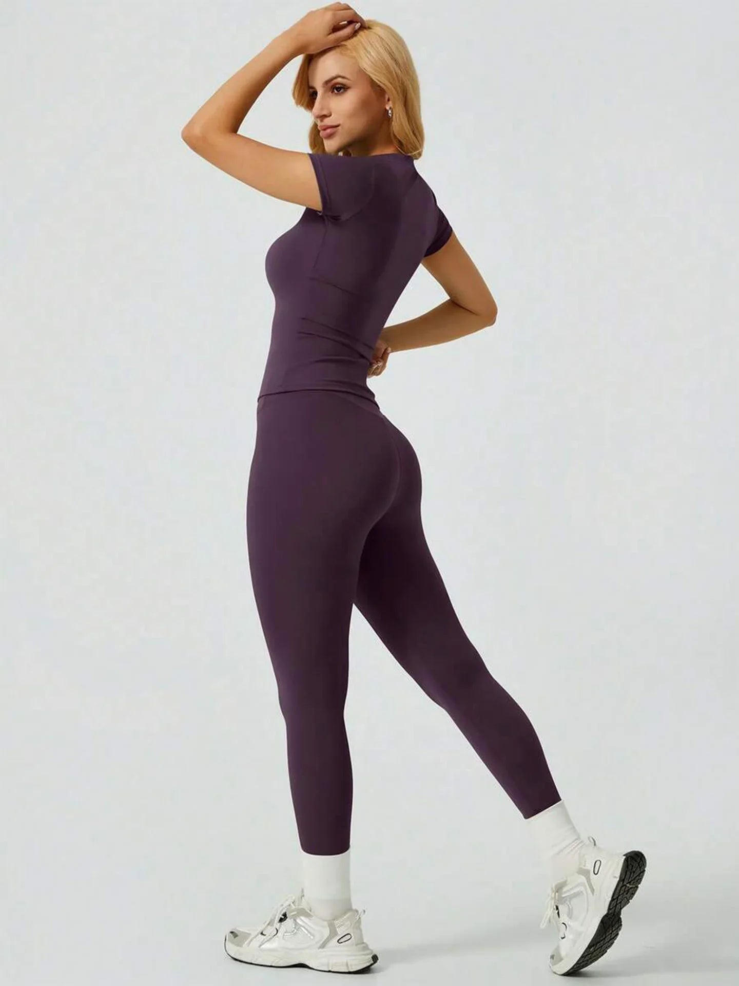 2 Piece Yoga Set Women Short Sleeve Top High Waist Leggings Gym Workout Clothing Tummy Control Fitness Sportswear Activewear Sui