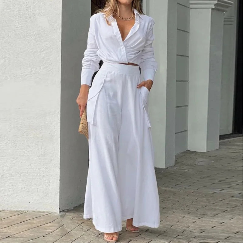 Women's Elegant Pants Sets Solid Long Sleeve Crop Shirt & High Waist Pants Two Piece Set Casual Work Suit Female V-Neck Top