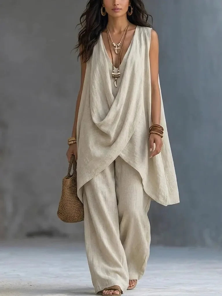 2026 Summer Linen Cotton Sleeveless Stand Collar Set Women Casual Loose Fit Solid Wide Leg Pants Vacation Outfit