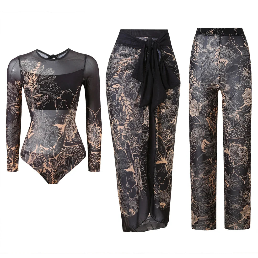 S - XXL 3PCS New Printed Long Sleeve With Pants Sarong Women Swimwear One Piece Swimsuit Female Bather Bathing Suit Swim V7180