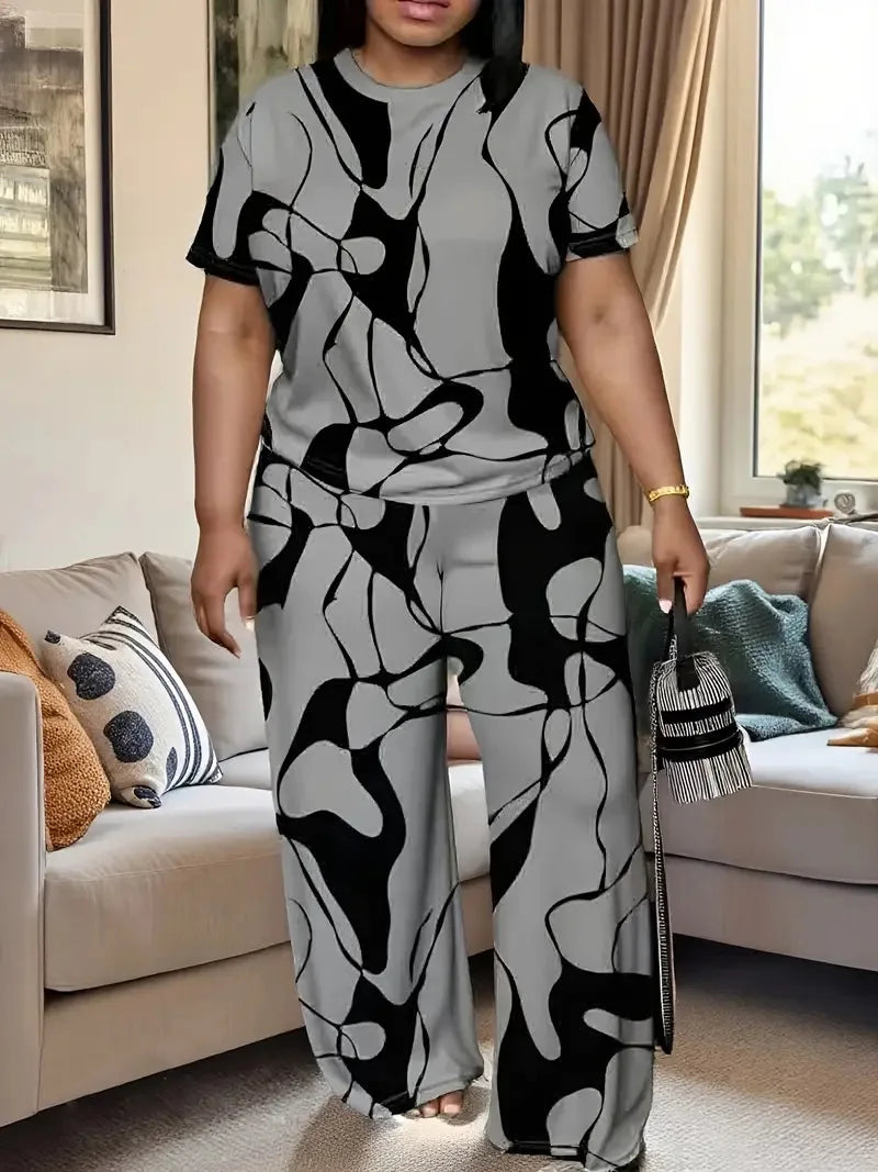 Conjuntos Femininos Summer Short-sleeved Fashion Print Suit Women's Round Neck Large Size T-shirt Wide-leg Trousers 2 Piece Suit