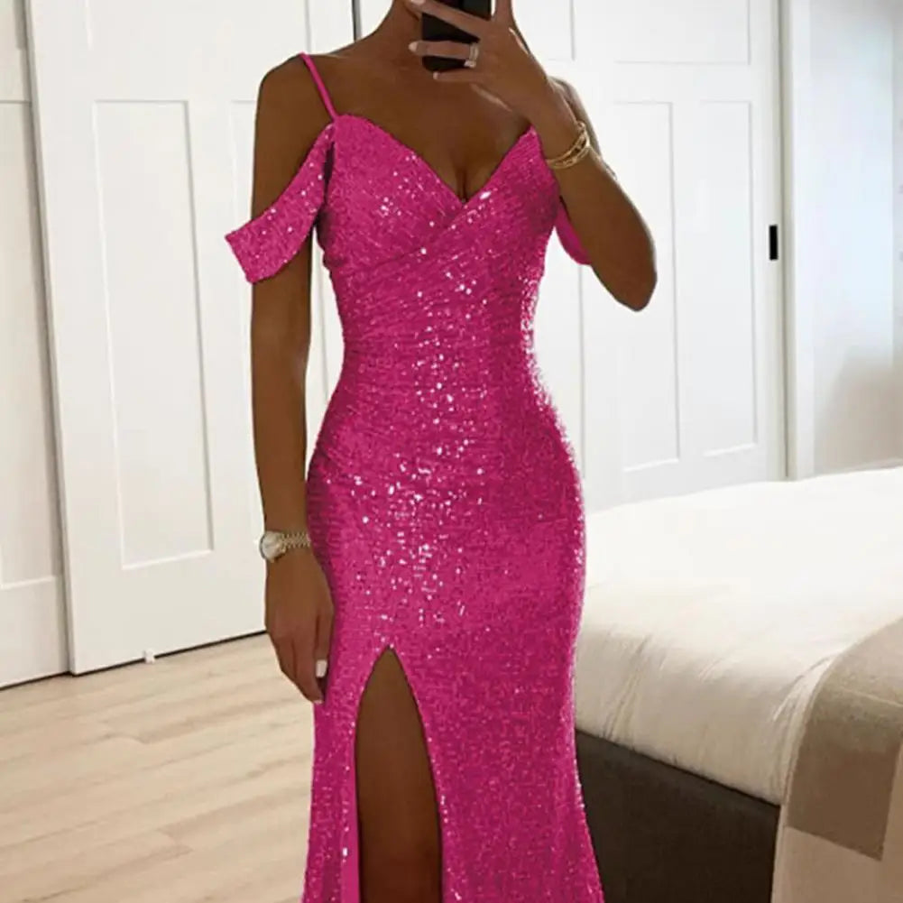 Vestido de mujer con lentejuelas, tirantes, sexy, brillante, lentejuelas, hombros descubiertos, cuello en V, abertura lateral, vestido de fiesta, vestido de fiesta de boda, vestido largo
