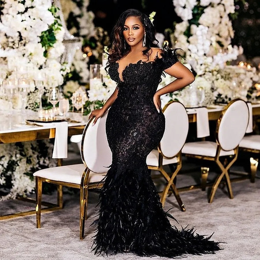 Vestidos de noche de sirena con plumas, vestidos de fiesta de encaje sin hombros con escote transparente, vestidos de cumpleaños sexys para mujer de talla grande