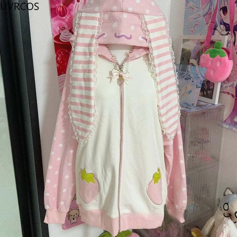 Sudadera con capucha Harajuku de conejo fresa