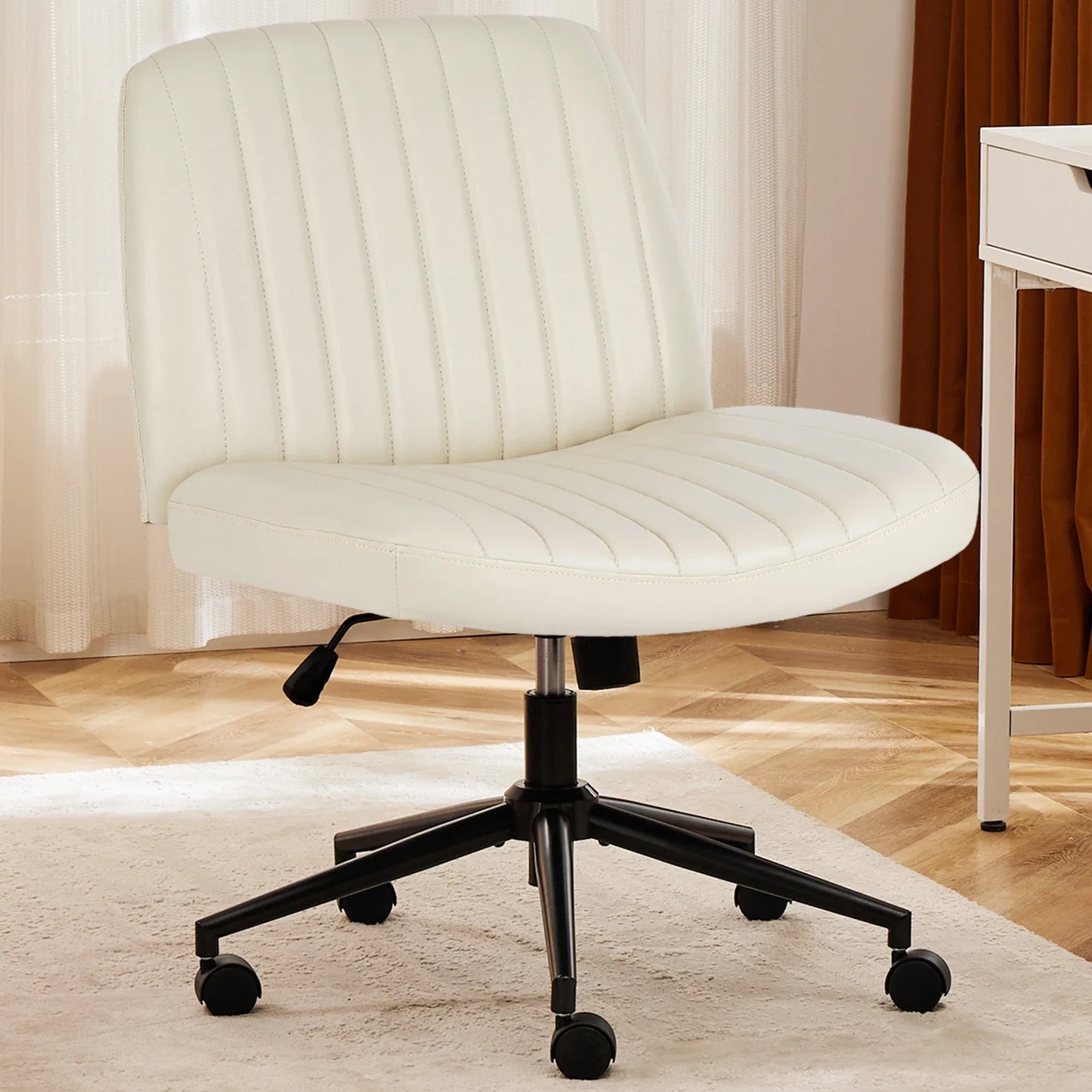 JHK Armless Cross Office Chairs with Wheels PU Leather Swivel Living Room Desk Chair Height Adjustable Support Seat Furniture