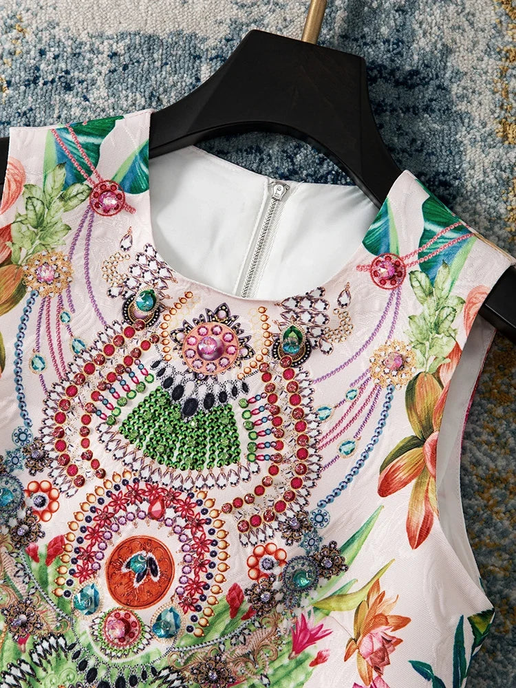Women Green Printed Beaded Sleeveless a Line Dress Round Neck Summer Midi Dress Elegant Casual Party Dress