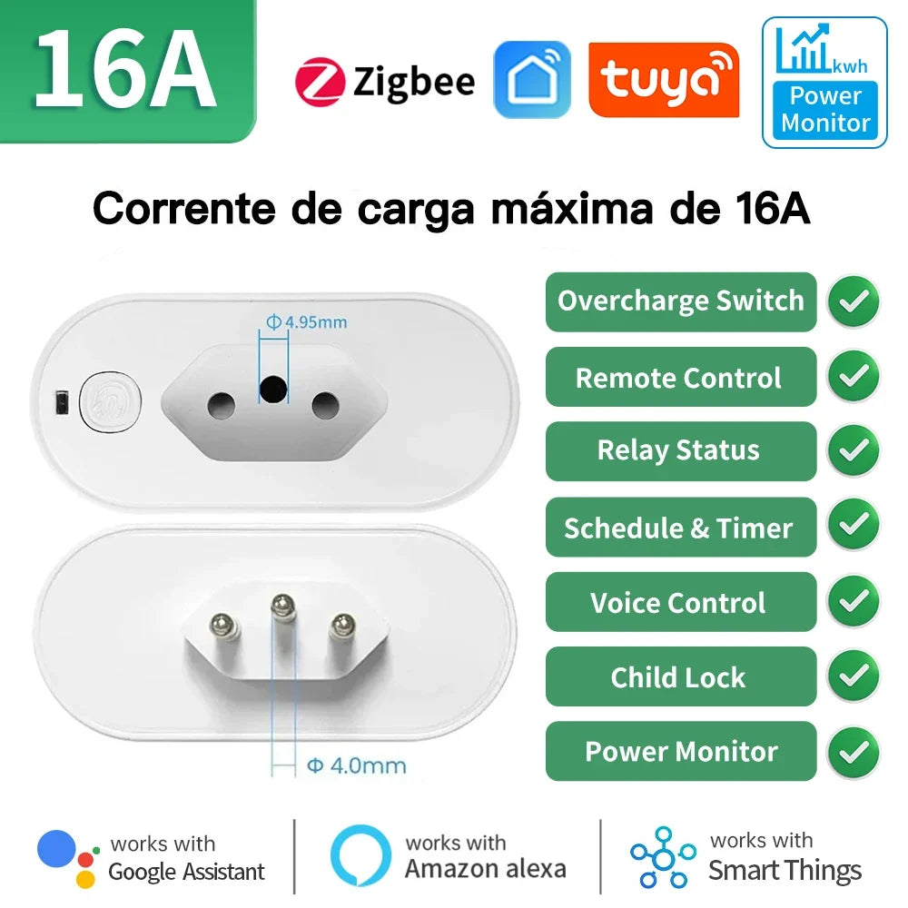 TNCE Tuya Brazil Plug 16/20A wifi or Zigbee3.0, socket with Power Monitor, Smart Life APP Remote control Voice Google Home Alexa