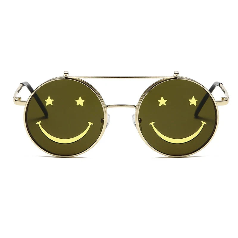 Trendy Smiley Face Flip-Up Sunglasses for Women Ocean Style Adjustable Nose Bridge UV400 Protection
