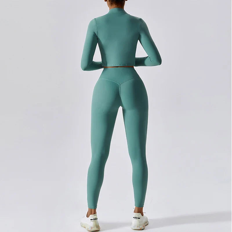 Conjunto Deportivo de 3 Piezas para Entrenar: Sujetador Deportivo, Leggings de Gimnasio de Tiro Alto y Manga Larga