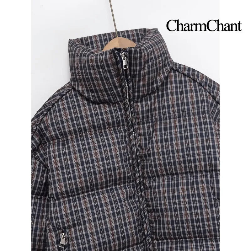 CharmChant Plaid Stand-Collar Puffer Jacket for Women Winter 2025 Padding Coat Female New in Coats Warm  Check Outerwears Parkas