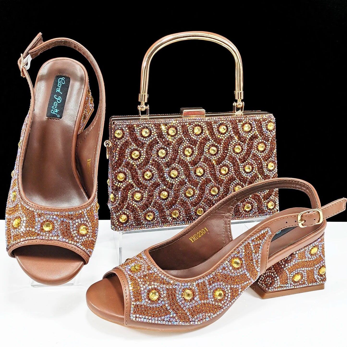 QSGFC 2024 Rhinestone Design INS Hot Sale New Arrivals African Shoes and Bag Set in Green Color Open Toe Comfortable Women Heels