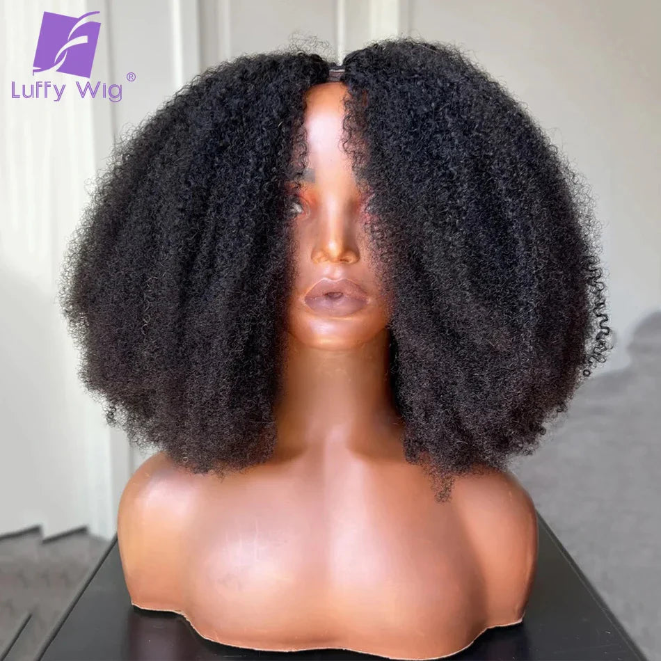 200 Densidad Peluca en forma de V Afro Rizado Kinky Cabello Humano Peluca de Parte en V Corta Rizada Sin Pegamento Sin Dejar Fuera Nuevas Pelucas en Forma de U para Mujeres