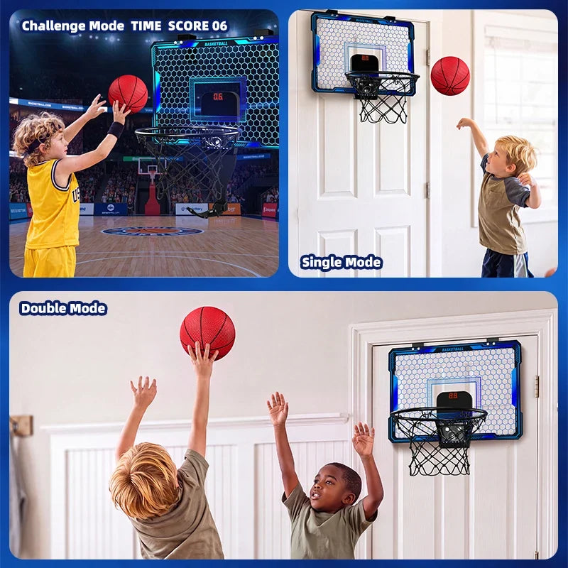 Basketball Hoop Wall-mounted Indoor Training Home Kids Basketball Toy,with 7 LED Lights Scoreboard 3 Play Modes,Mini Basketball Hoop Set For Kids Outdoor Games