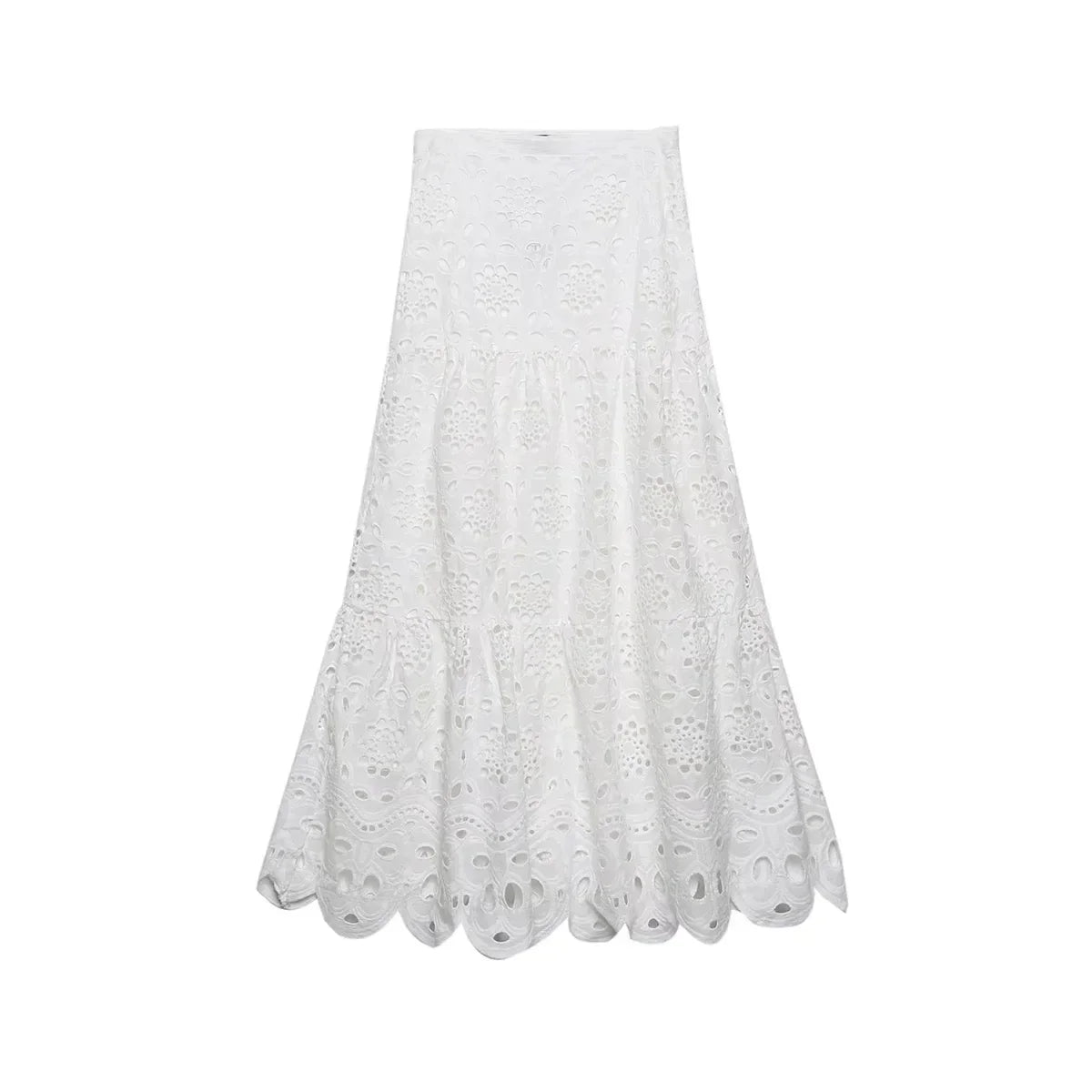 Spring Women Summer White Lace Dress Set Hollow Out Embroidery Shirt Skirt 2 Pcs Robe Outfits Single Breasting Cotton Maxi Dress