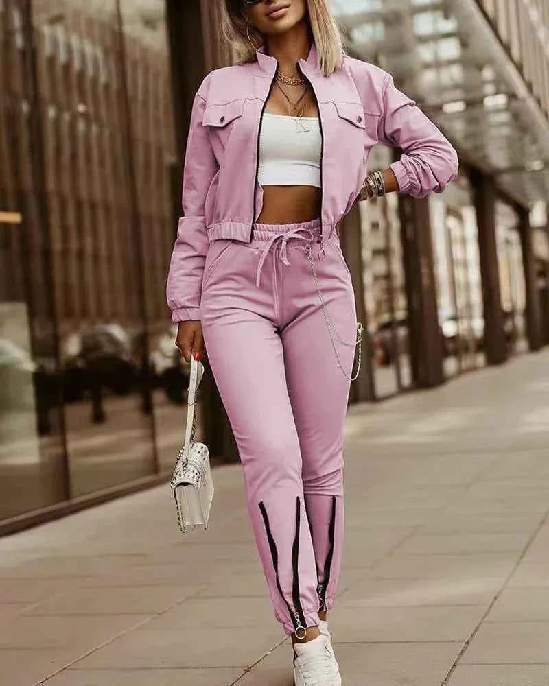 Women’s Zipper Crop Jacket & High Waist Pants