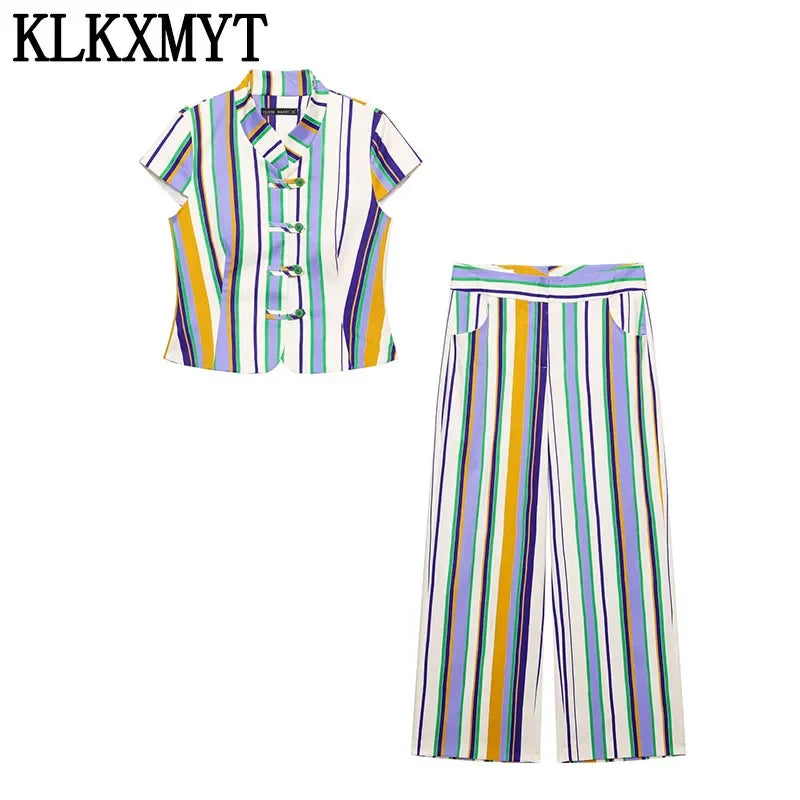KLKXMYT Chic Stripe Pants Set Women Sleeveless Short Shirt Top Straight Trousers Suits 2026 Summer Woman Outfits ﻿