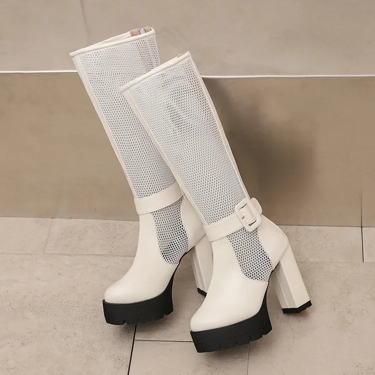 Plus Size Mesh Fabric Splicing PU High Socks Boots Ankle Buckle Ultra Thick Heel Back Zipper Breathable Summer Knee High Boots
