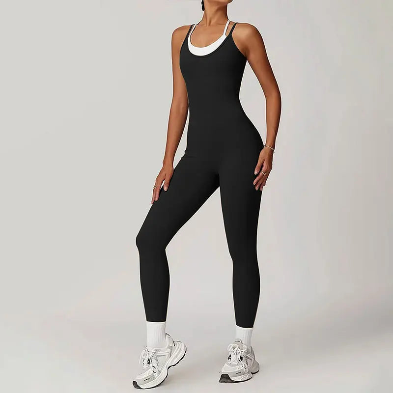 Monos deportivos para mujer, sin espalda, a la moda, cuello redondo, color negro