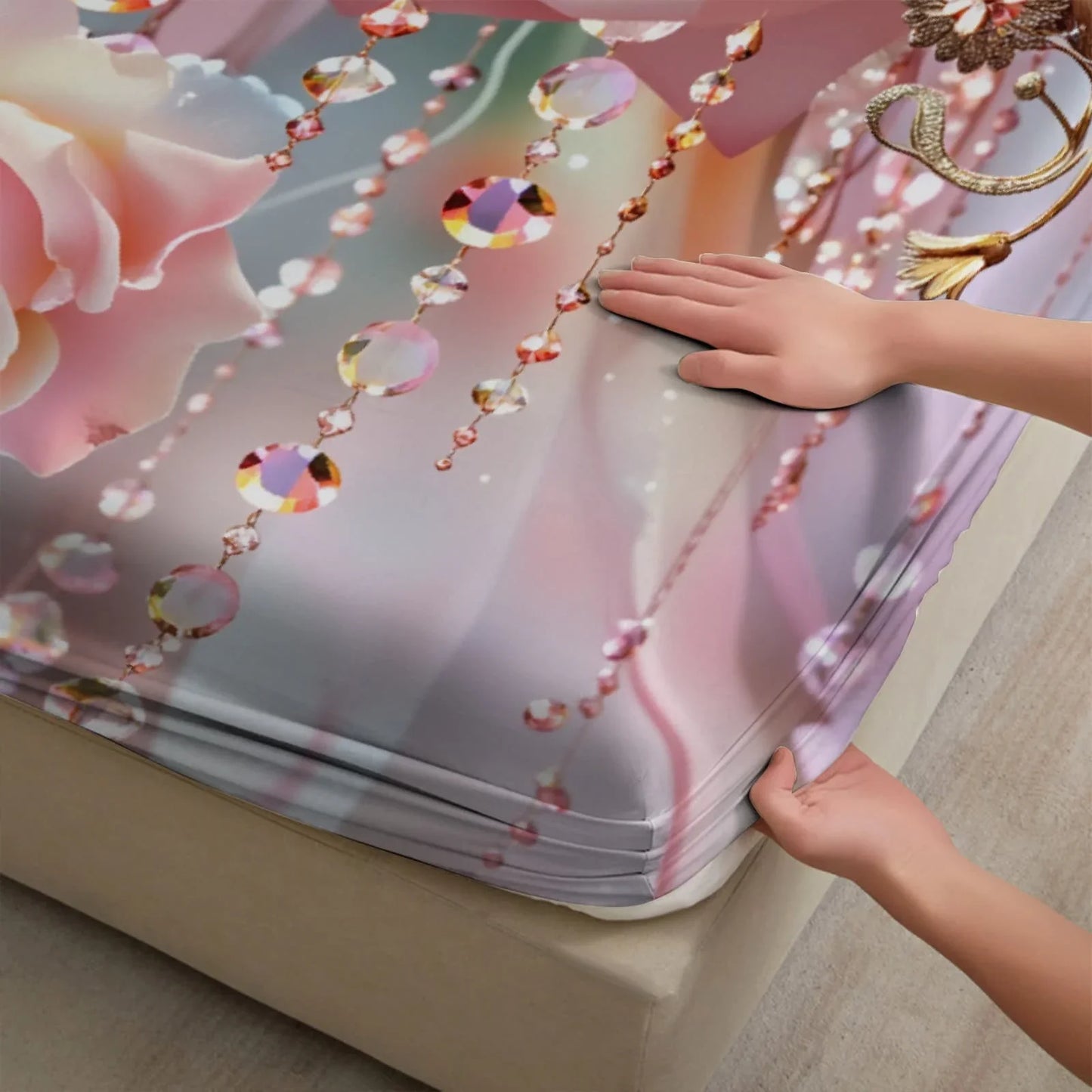 1pc 3D Pink Roses with Crystal Bead Print Fitted Sheet Deep Pocket