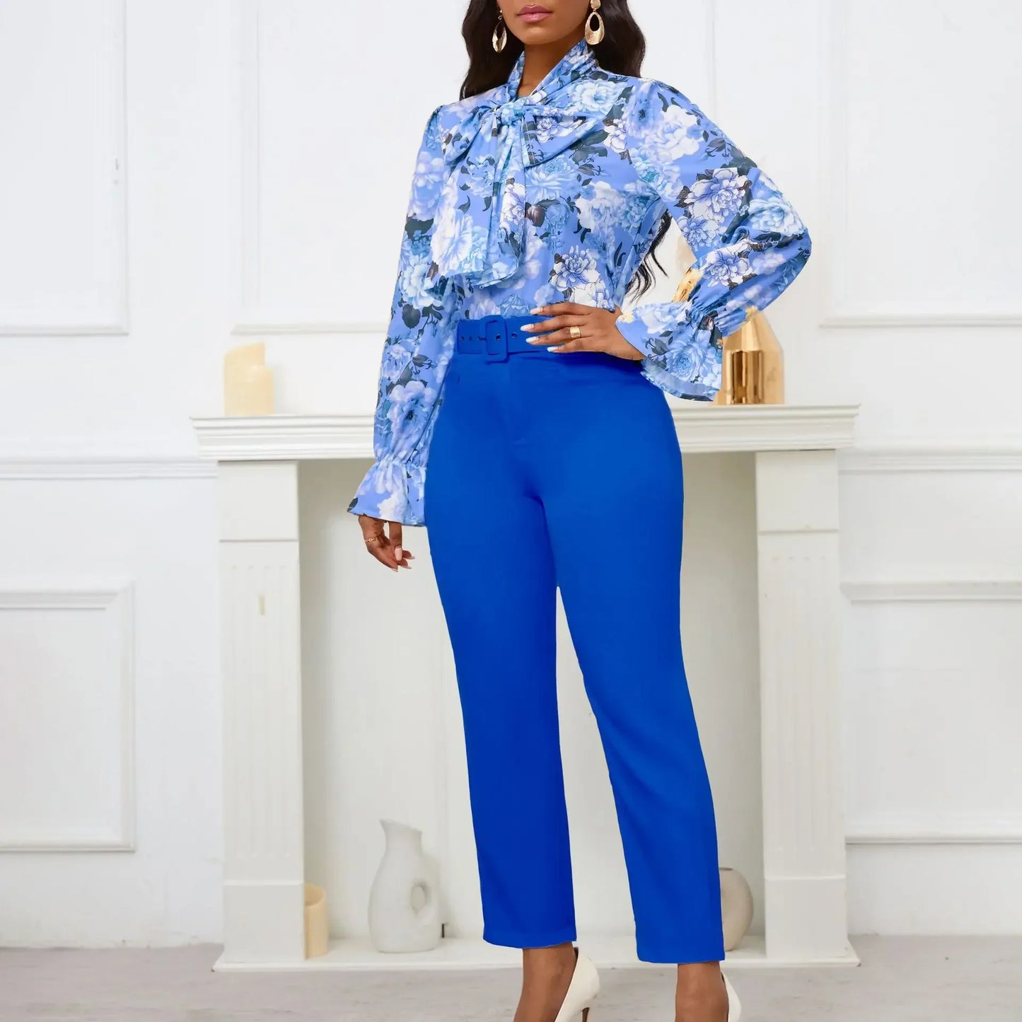 2 Piece Set  Clothes for Women Spring Clothing 2024 New Plus Size Outfit Print Shirt Pants Matching Sets With Belt