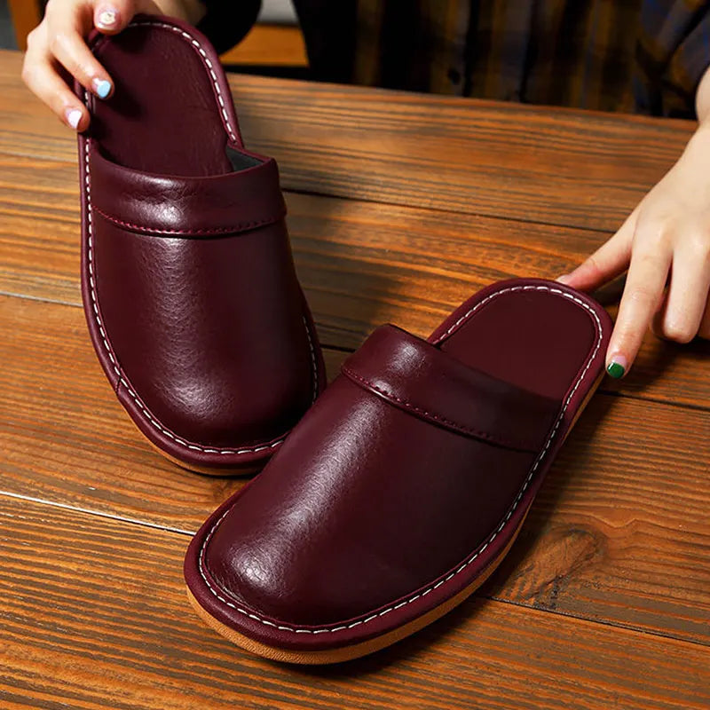 Luxury Men Leather Handmade Women Home Slippers Autumn Winter Plush Slip on Soft Black Brown Bedroom Indoor Flat Men Shoes