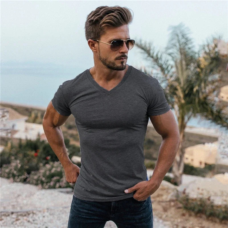 Hombres Moda Cuello V Manga Corta Fitness Ejercicio Verano Algodón Transpirable
