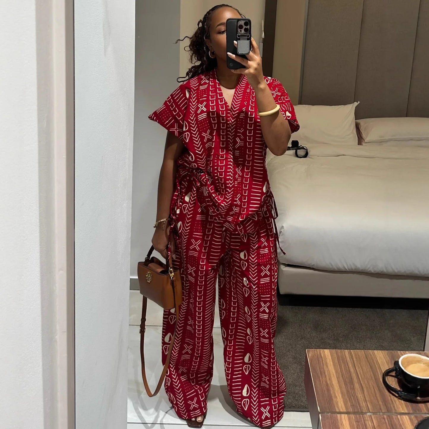 Women Two Pieces Pant Sets Solid Matching Set Pullover V Neck Printing Top High Waist Lace Up Pants Loose Fit Casual 2025 Summer