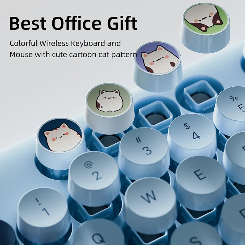 Full Size Wireless Keyboard Mouse Combo 104 Keys Retro Cute Cat Design Plug and Play Keyboard Mouse Set for Windows 7/8/10/XP