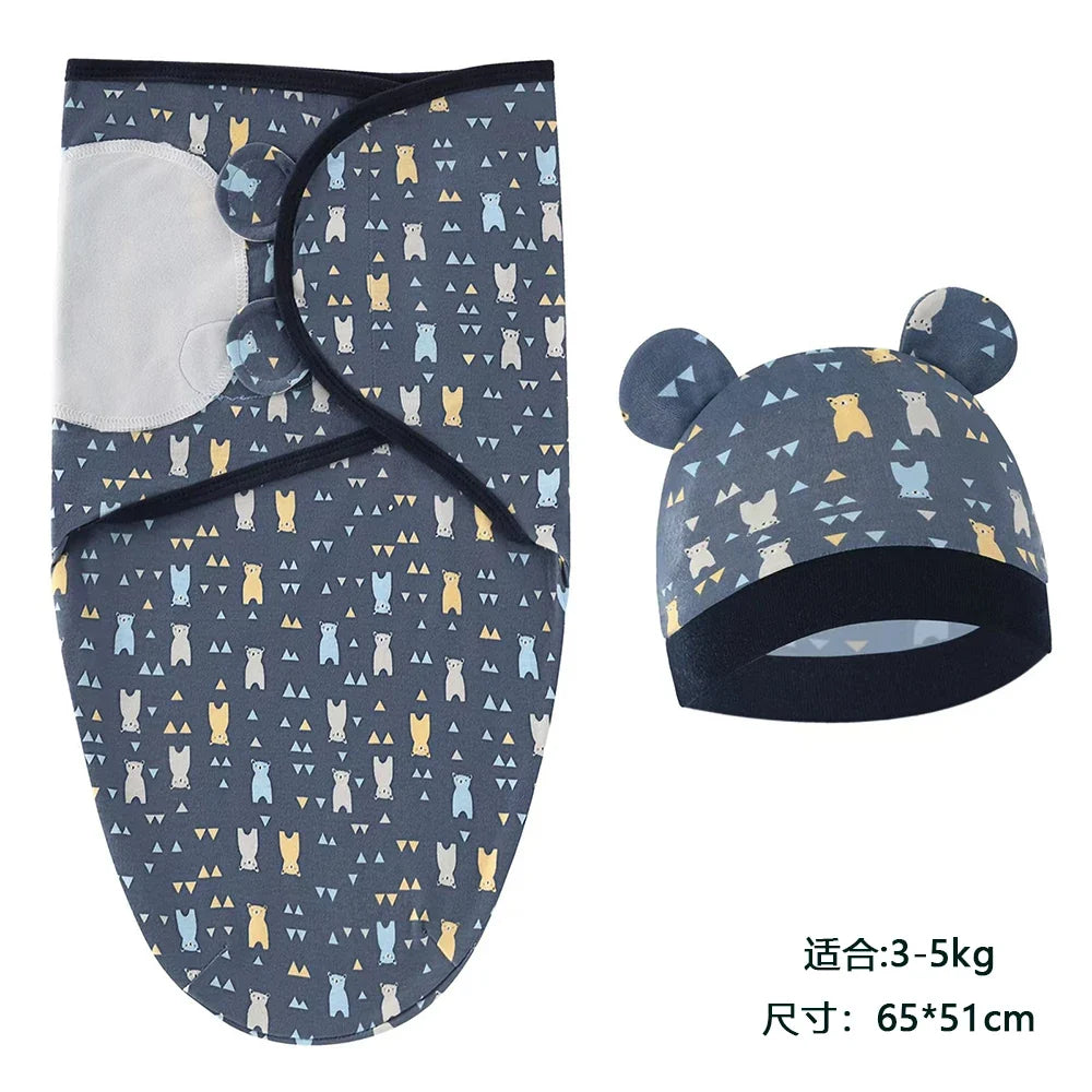 Baby Blanket Hat Set Cartoon Printed Cotton Newborn Swaddle Adjustable