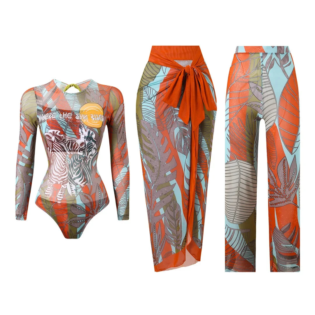 S - XXL 3PCS New Printed Long Sleeve With Pants Sarong Women Swimwear One Piece Swimsuit Female Bather Bathing Suit Swim V7180
