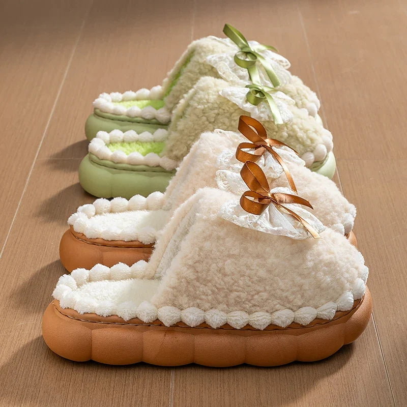 Winter Warm Fur Slippers For Women Thick-Soled Household Slippers Cute Bow Non Slip Soft Home Shoes Indoor Plush Women's Slipper