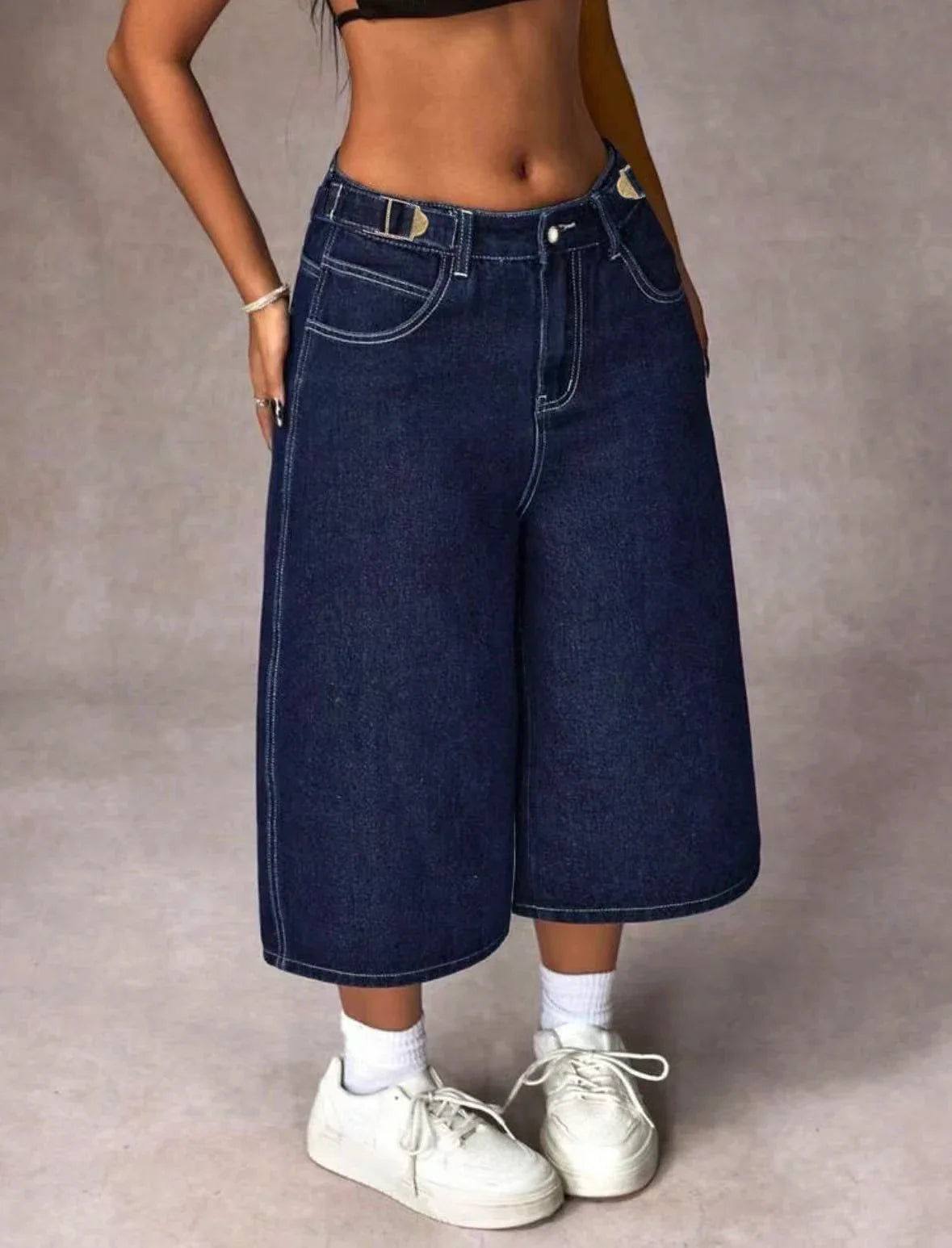 Retro Dark Blue Adjustable Buckle Capri Jeans