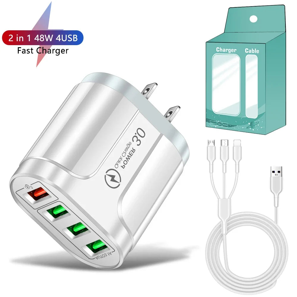 3in1 Cable 45W USB Charger Fast Charge QC 3.0 Wall Charging For iPhone 14 13 Samsung Xiaomi Mobile EU US Plug Adapter Travel