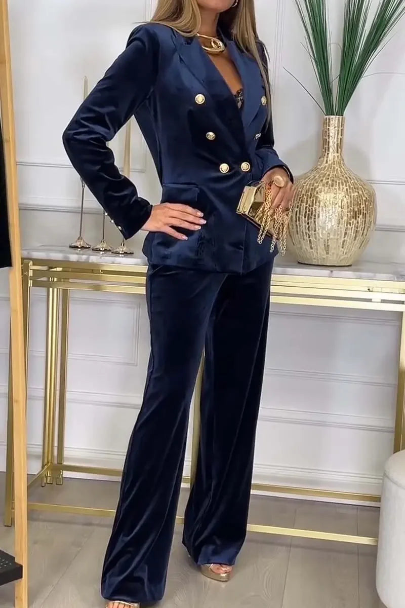 Fashion Slim Two Piece Sets For Women Elegant Double Breasted Splicing Velvet Long Sleeved Top And High Waist Straight Pant