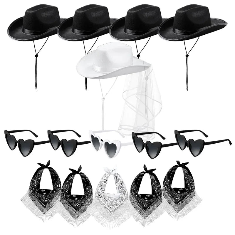 5-12Set Cowgirl Cowboy Hats Bachelorette Cowboy Hats for Bridal Shower Wedding Rhinestone Bandana Heart Glasses for Last Disco