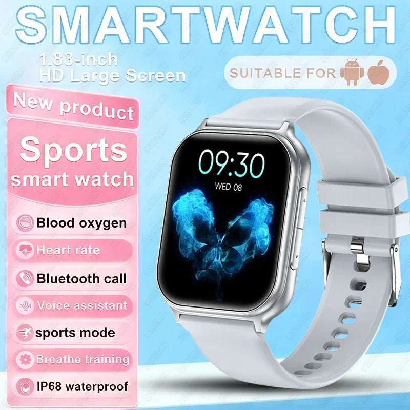 2026 New Fashion 1.83'' Smart Watch Men Women Bluetooth Call Heart Rate Monitor Voice Assistant Multiple Sports Modes Smartwatch