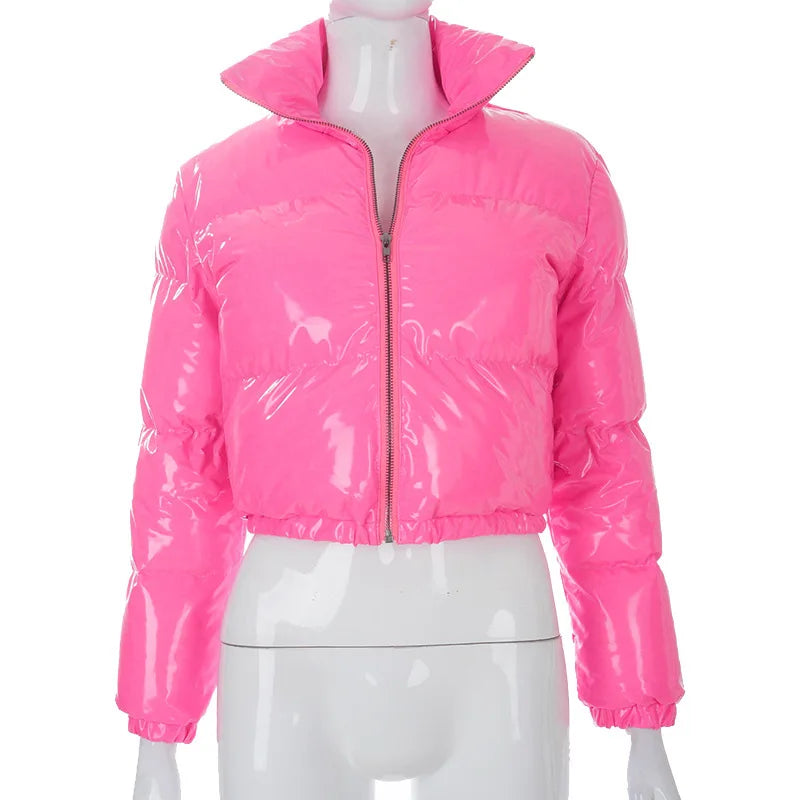 Fashion Cute Women Bright PU Pink Puffer Jacket Winter Warm Bubble Coats Shiny Leather Parkas Down Zipper Cropped Jackets Parkas