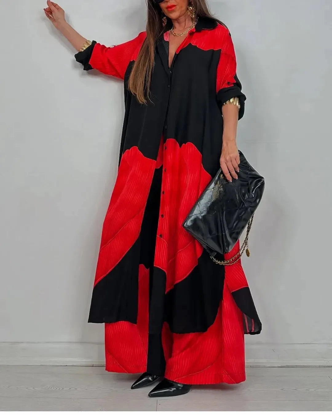 Elegant Lady Set Printed Long Shirt Top Wide Leg Pants 2-piece Outfit Casual Loose Oversized Women Sets Casual Two-piece Outfit